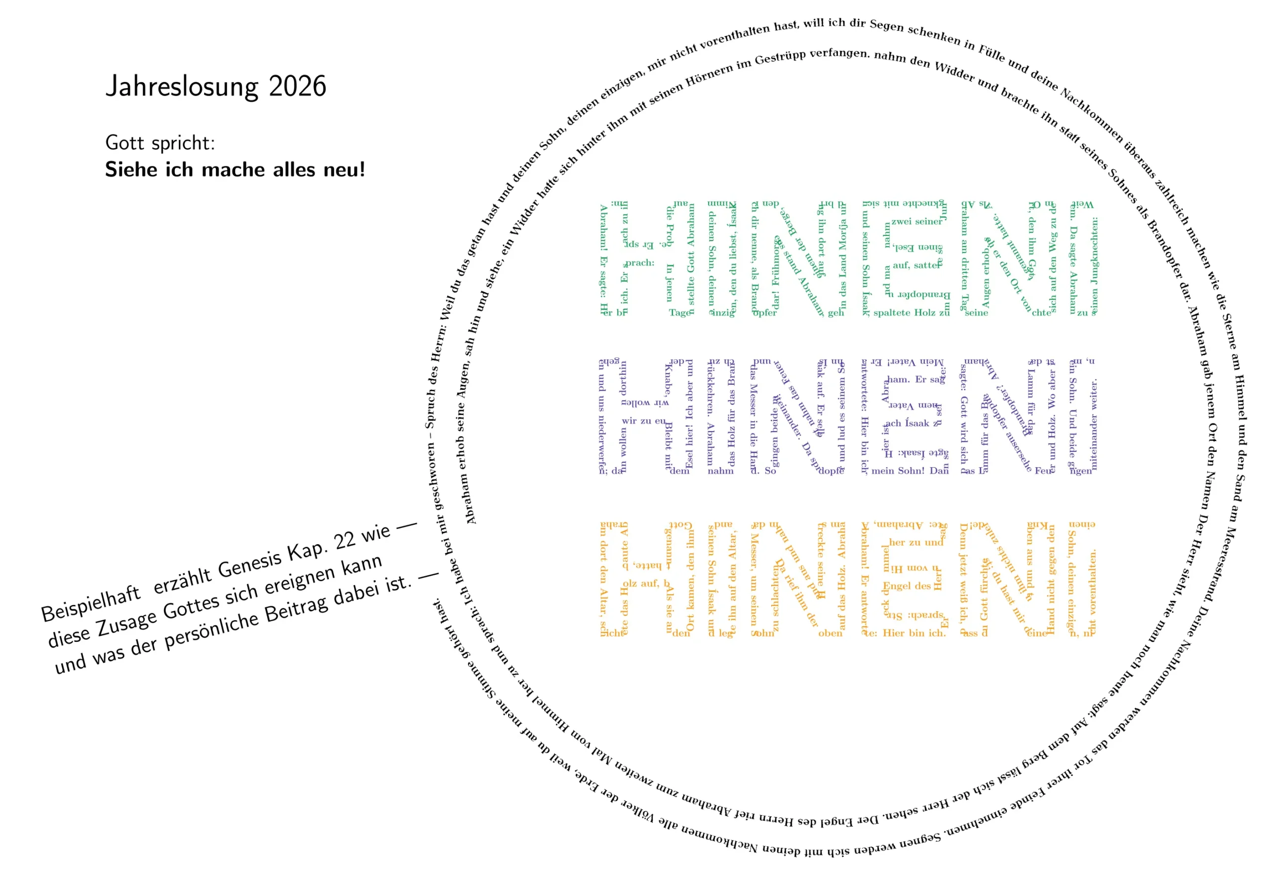 Der Text von Gen 22 ist in Gestalt einer Lupe gesetzt die 3x das Wort HINENI sichtbar werden lässt - dies passt zur Jahreslosung 2026 Siehe ich mache alles neu